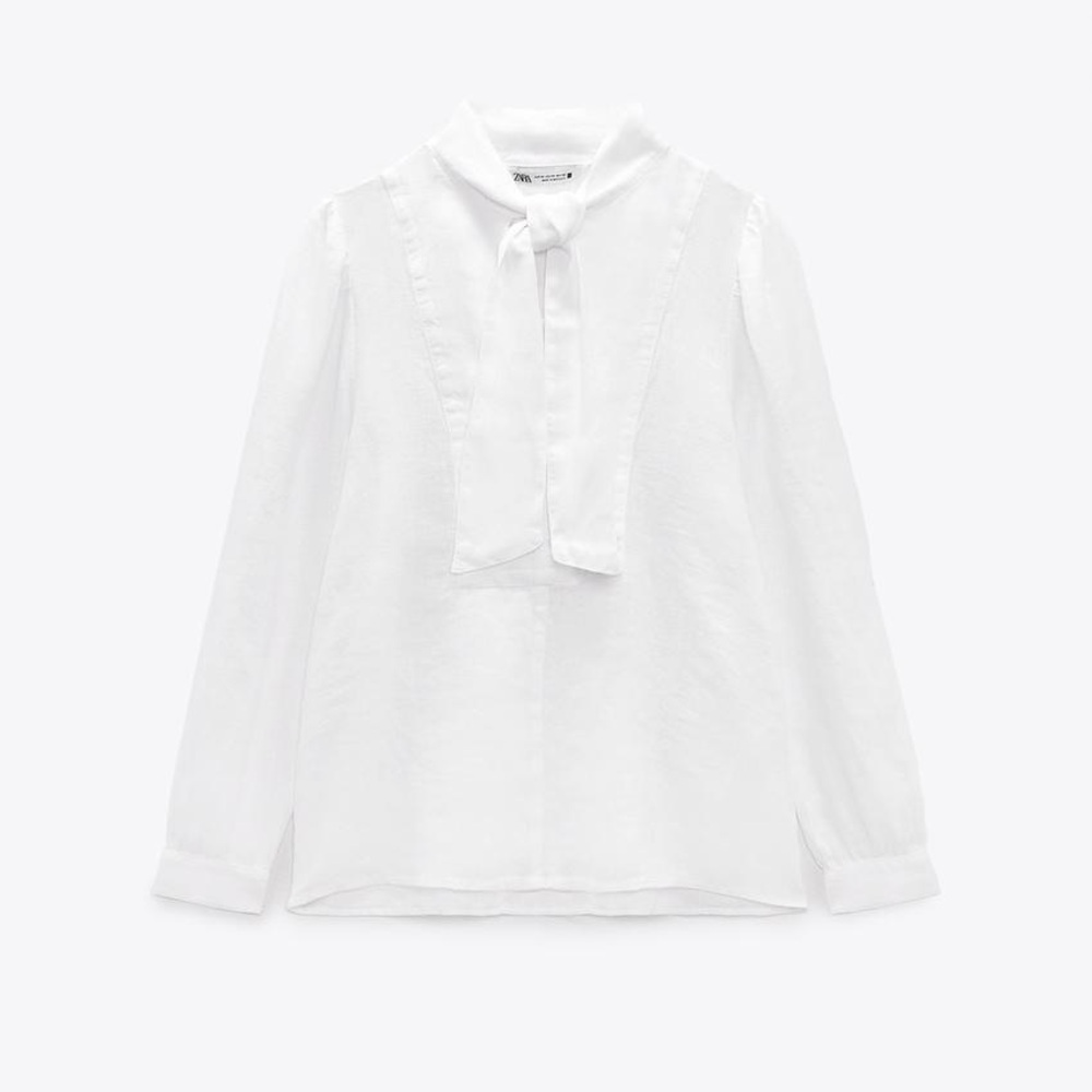 Zara long sleeve blouse 100% linen with tags. No blemishes/ never worn
